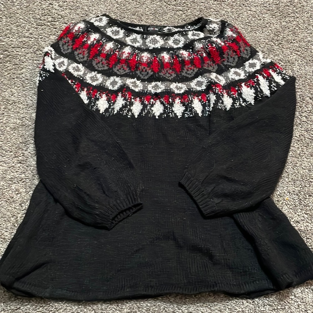 STYLE & CO women’s Large sweater knit scoop‎ neck BLACK RED WHITE 80’s style